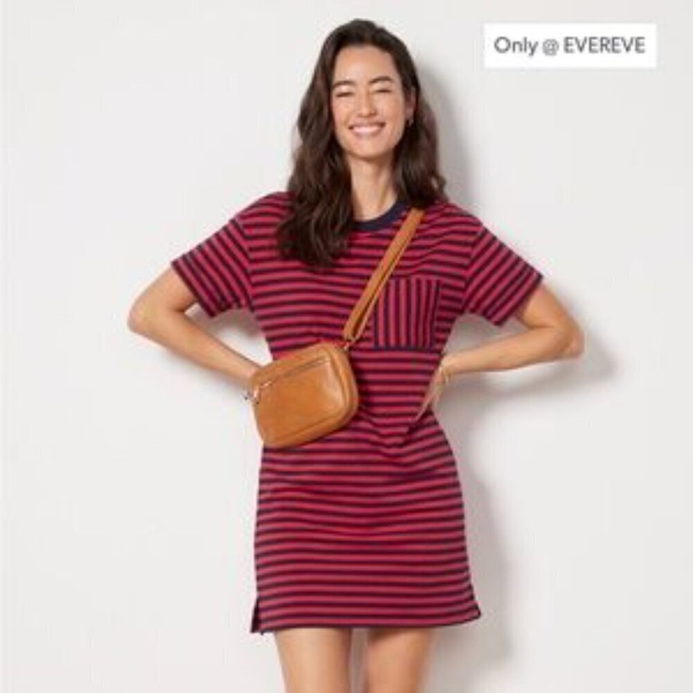 EVEREVE Braxton Tee Mini Dress: Nautical Striped, Comfy, Navy & Red, XS